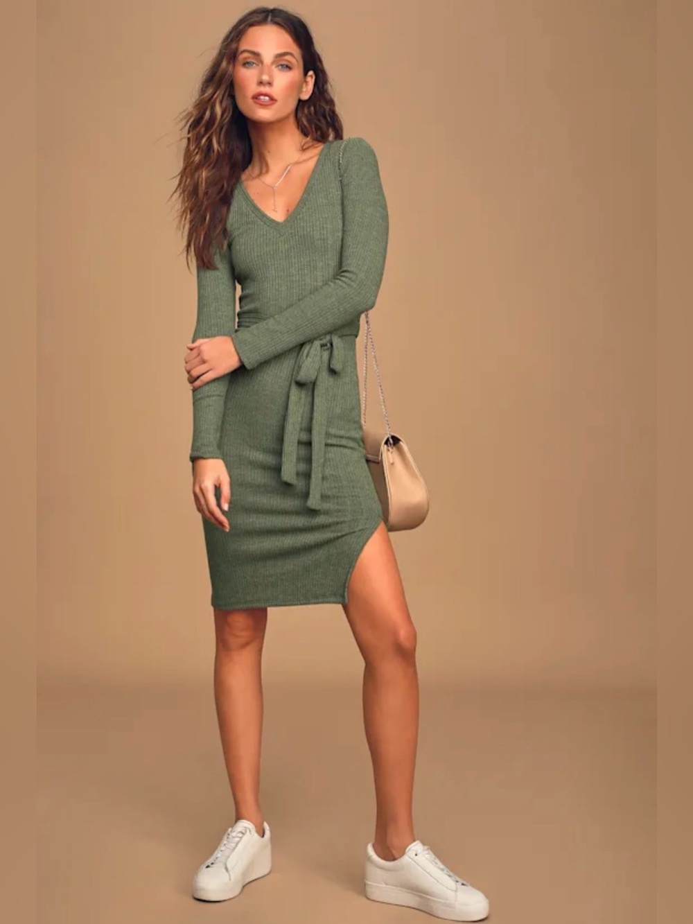 Written with Love Olive Green Ribbed Long
Sleeve Dress - NWOT